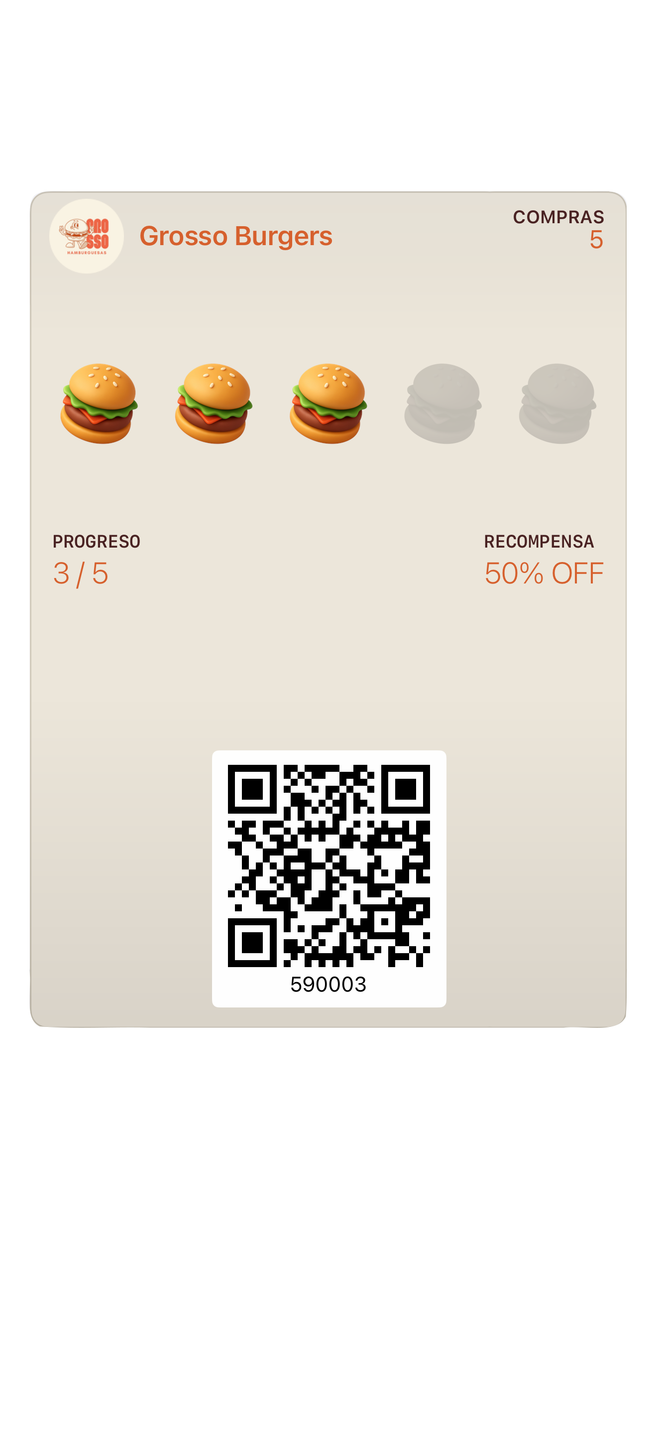 Tarjeta de Grosso Burgers: 3 de 5 compras, recompensa de 50% de descuento