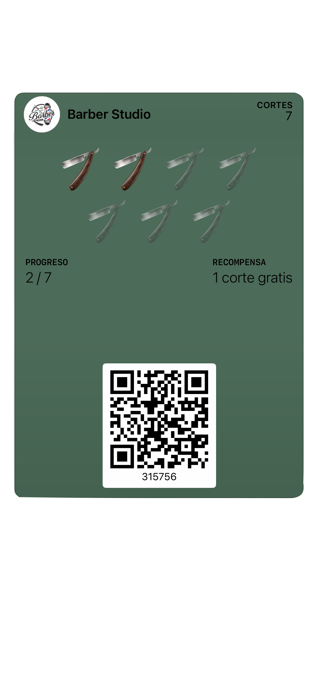 Tarjeta de Barber Studio: 2 de 7 cortes, recompensa de un corte gratis
